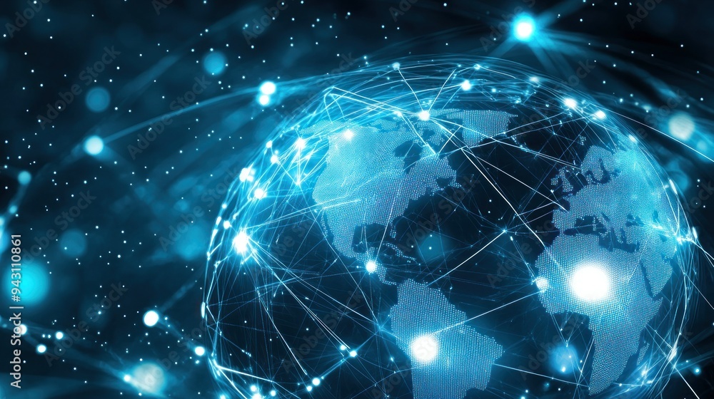 A blue globe with a network of lines connecting it A blue globe with a network of lines connecting it
