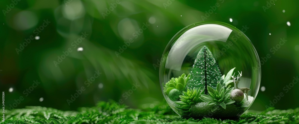 Miniature Christmas Tree in a Glass Globe on Green Moss Background Miniature Christmas Tree in a Glass Globe on Green Moss Background