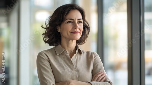 A woman with a serious expression is standing in front of a window