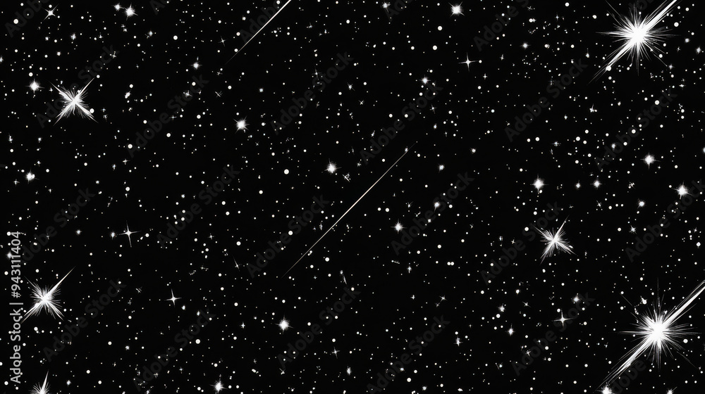 Seamless starry space pattern featuring sky stars in a night galaxy. Vector background depicting the universe with constellations, falling meteorites, comets, and twinkling star lights. Seamless starry space pattern featuring sky stars in a night galaxy. Vector background depicting the universe with constellations, falling meteorites, comets, and twinkling star lights.