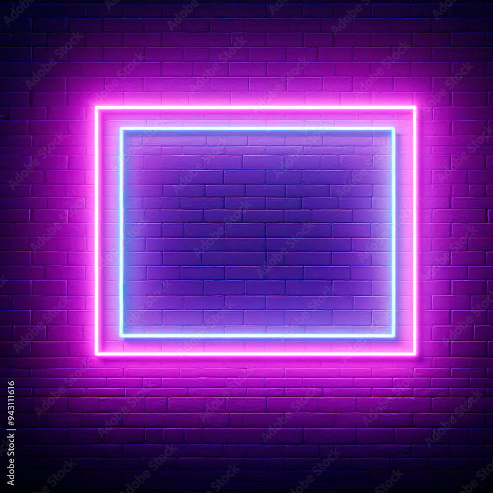 Neon glowing rectangle frame on brick wall lighting screen purple Neon glowing rectangle frame on brick wall lighting screen purple