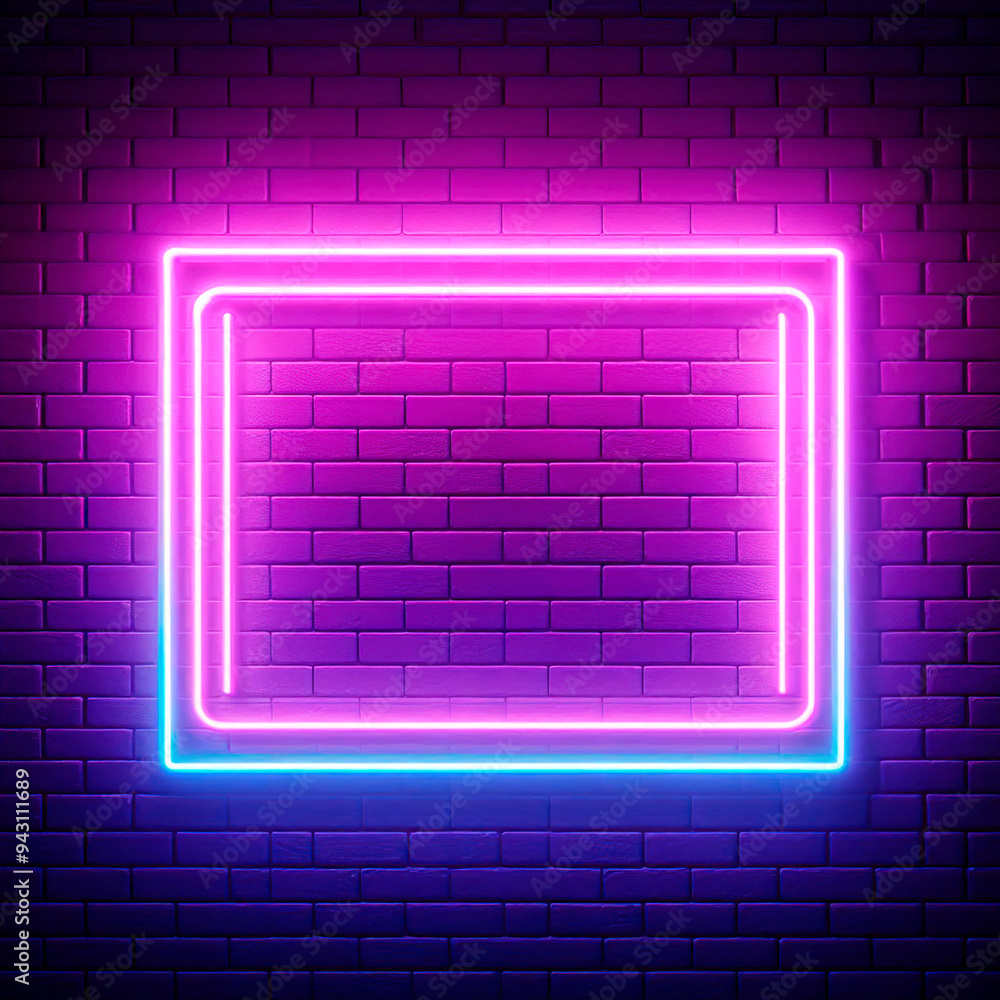 Neon glowing rectangle frame on brick wall lighting screen purple Neon glowing rectangle frame on brick wall lighting screen purple