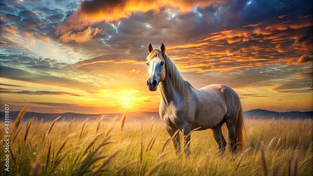 A majestic horse standing in a field of tall grass at sunset, creating a serene and inspiring scene A majestic horse standing in a field of tall grass at sunset, creating a serene and inspiring scene