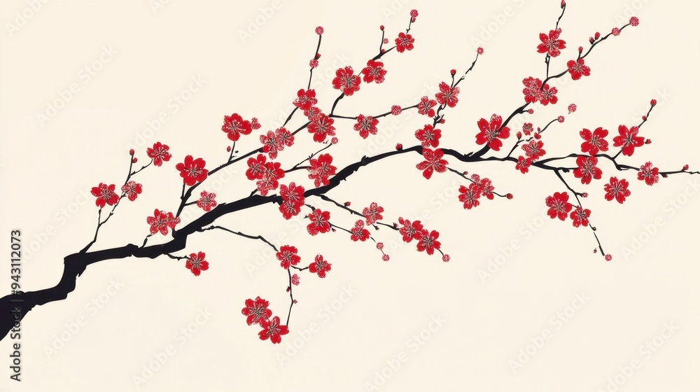 Fototapeta premium Ink-red plum branches background