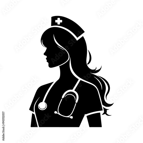 Black color silhouette of a female nurse icon on white background, nurse icon