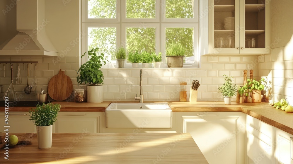 A kitchen with a wooden table and chairs, a sink, and a window A kitchen with a wooden table and chairs, a sink, and a window