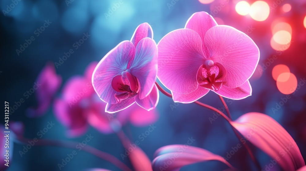 Two pink orchids are in a blue background Two pink orchids are in a blue background