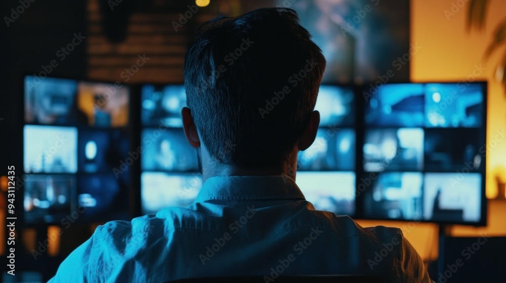 A man is sitting in front of a computer monitor with multiple screens A man is sitting in front of a computer monitor with multiple screens