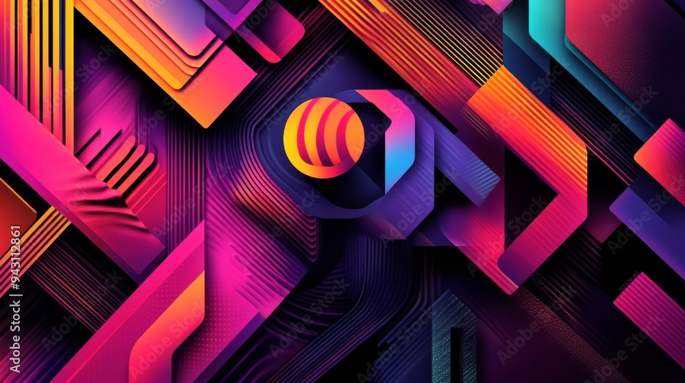Abstract geometric patterns with intricate lines and shapes, 3D effect, vibrant colors Abstract geometric patterns with intricate lines and shapes, 3D effect, vibrant colors