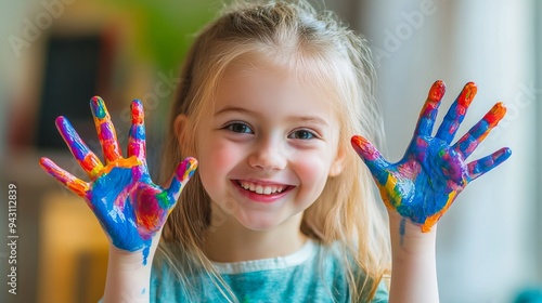 Child Smiling with Painted Hands in Art Class