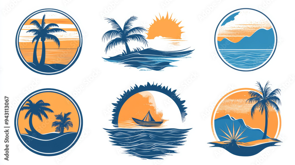 Summer, travel, and vacation badges in blue and orange, featuring depictions of the sea, palm trees, and the sun. Vector illustration. Summer, travel, and vacation badges in blue and orange, featuring depictions of the sea, palm trees, and the sun. Vector illustration.