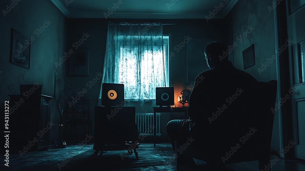 Investigating the Unknown: Ghost Hunter Analyzing EVP Recordings on National Ghost Hunting Day in a Dimly Lit Room with Eerie Silence Investigating the Unknown: Ghost Hunter Analyzing EVP Recordings on National Ghost Hunting Day in a Dimly Lit Room with Eerie Silence