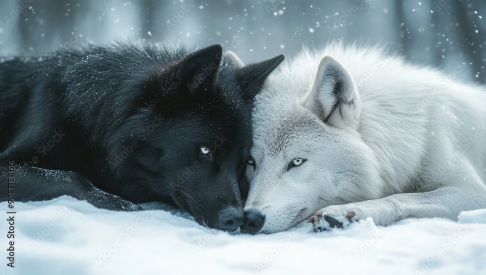 Obraz premium A black wolf and a white gray wolf lying together in the snow, looking at each other with love