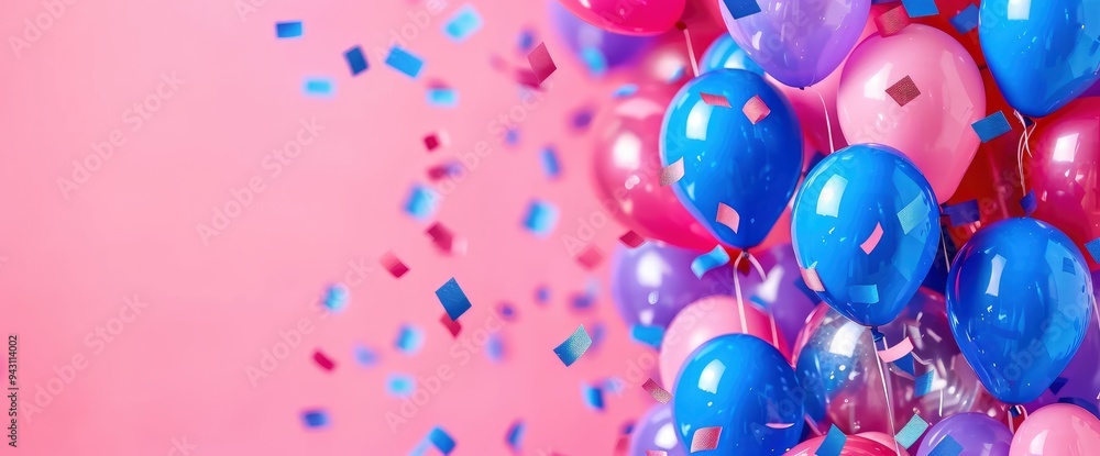 Colorful Balloons and Confetti on a Pink Background Colorful Balloons and Confetti on a Pink Background
