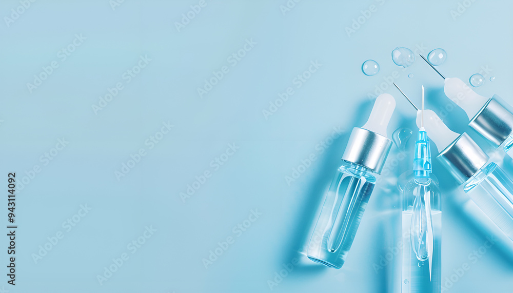 Glass ampoules with liquid on light blue background. Space for text Glass ampoules with liquid on light blue background. Space for text