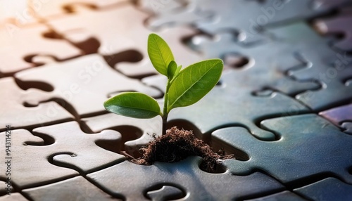 Small Plant Growing from Puzzle Pieces.