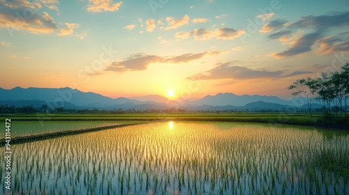 A field of rice with a beautiful sunset in the background