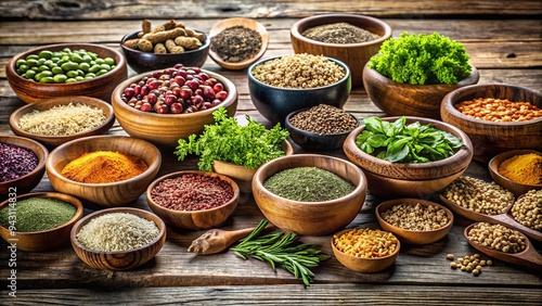 Collection of wooden bowls filled with fresh herbs, seeds, and grains representing culinary diversity and healthy living