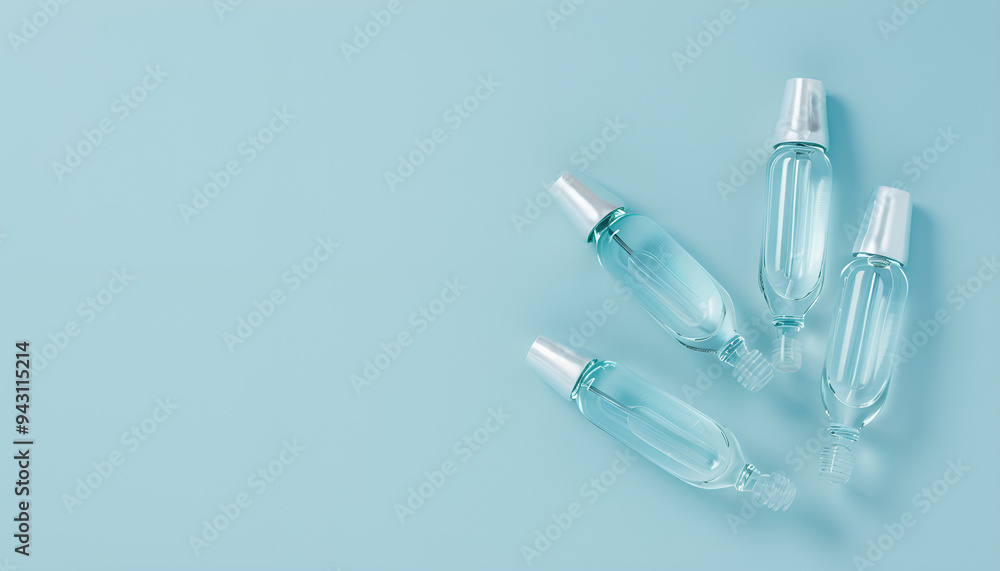 Glass ampoules with liquid on light blue background. Space for text Glass ampoules with liquid on light blue background. Space for text