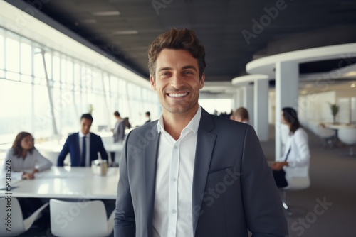 confident businessman in a suit, smiling warmly in a modern office environment with colleagues in the background, exuding leadership and professionalism