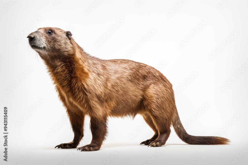 realistic marmot stands alert against a white background, showcasing its detailed fur and attentive expression realistic marmot stands alert against a white background, showcasing its detailed fur and attentive expression