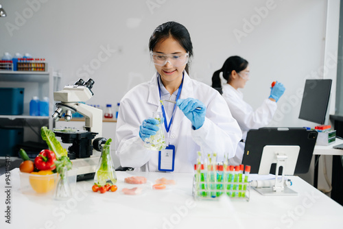 Food science as lab scientists test and analyze vegetables for safety and quality using advanced technology