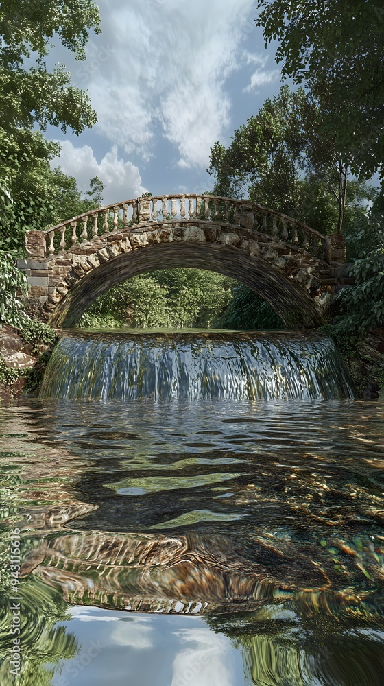 Obraz premium Stone Bridge Over a Waterfall in a Forest