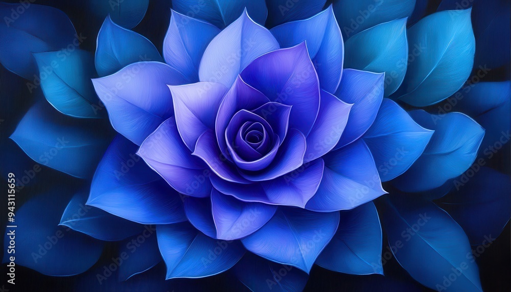 A stunning blue rose blossom surrounded by deep blue leaves, showcasing intricate details and vibrant colors for artistic decor. A stunning blue rose blossom surrounded by deep blue leaves, showcasing intricate details and vibrant colors for artistic decor.