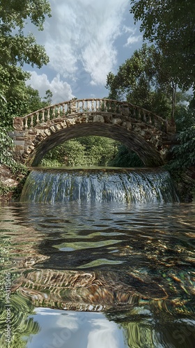 Stone Bridge Over a Waterfall in a Forest