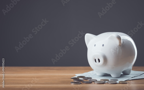 White piggy bank, bank book, and a pile of coins rest on a wooden table against a dark gray background. The scene symbolizes financial planning, savings, and the importance of managing money wisely. photo