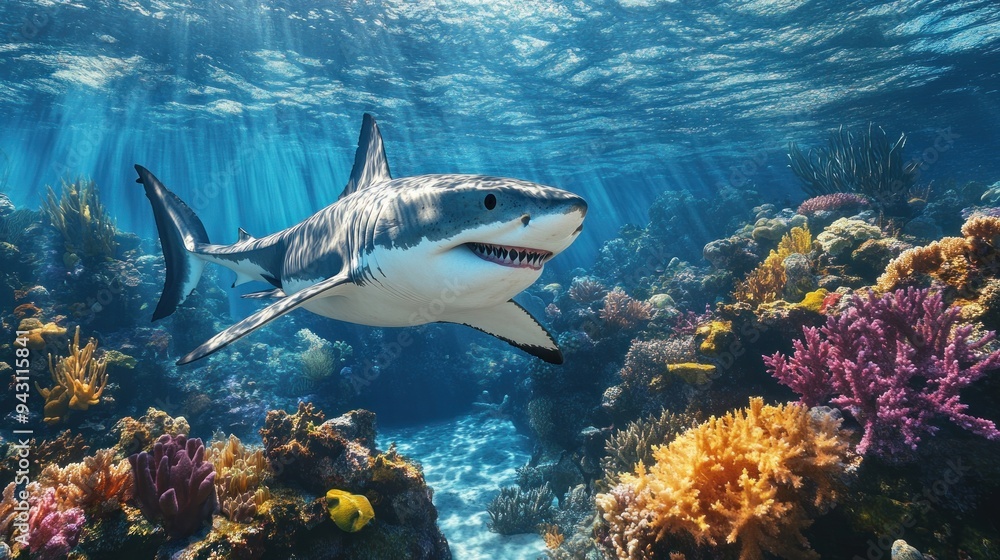 Fototapeta premium A shark is swimming in the ocean with its mouth open