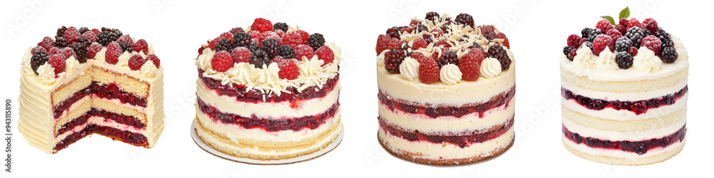 berry-filled layer cakes with whipped cream frosting, topped with fresh raspberries, blueberries, and blackberries, cut out transparent isolated PNG berry-filled layer cakes with whipped cream frosting, topped with fresh raspberries, blueberries, and blackberries, cut out transparent isolated PNG