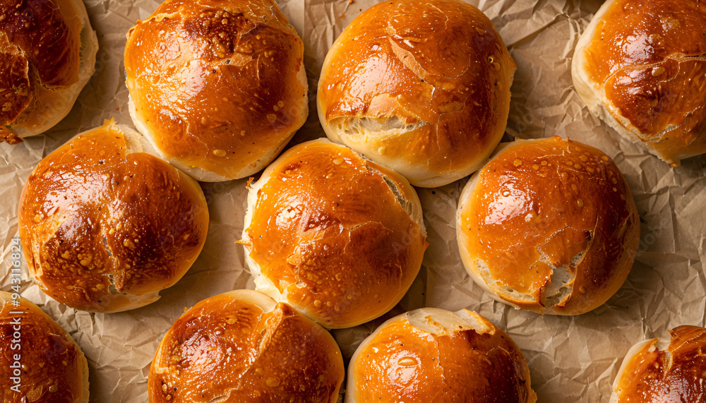Tasty buns on parchment, flat lay. Fresh from oven Tasty buns on parchment, flat lay. Fresh from oven