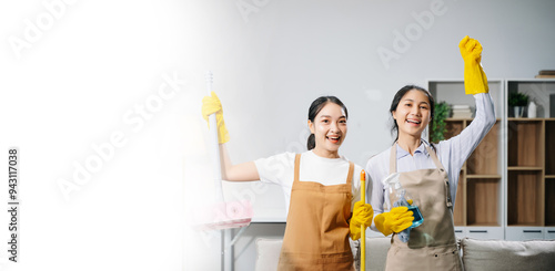 Efficient and professional housekeeping with our dynamic cleaning duo. Perfect teamwork ensures spotless cleanliness in home.. photo