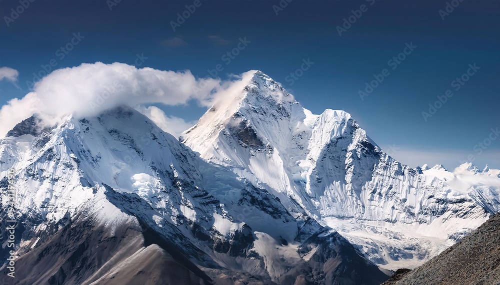 Obraz premium Snow covered Mountain in the Himalayas with Clouds. panorama of the mountains.