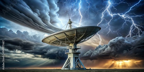 Futuristic radar dish in stormy sky with lightning bolts showcasing advanced meteorological forecasting technology