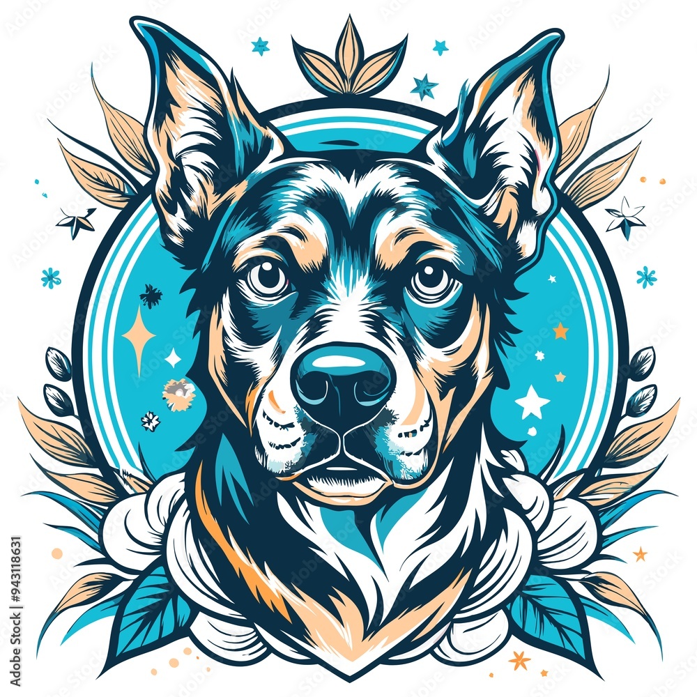 Obraz premium Artistic Dog Portrait with Leaves and Stars in a Teal and Orange Color Palette, Suitable as a T-shirt print