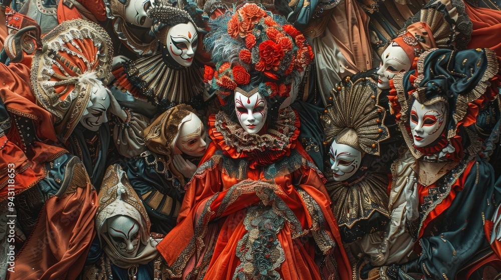 Fototapeta premium In a high-definition carnival scene, a woman in a striking red costume stands out among masked figures, with vivid lighting enhancing the decorative, festive atmosphere.