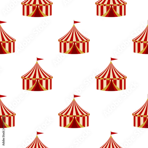 Seamless pattern with a circus tent. A background template with red and yellow striped circus tents with a flag on a white background. For carnival, textiles, wallpapers, and event decor.