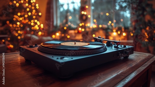 Cozy Living Room with Turntable and Festive Lights, Warm and Inviting Atmosphere, Perfect for Holiday Celebrations and Relaxation, Vinyl Record Player on Wooden Table, Soft Bokeh Background