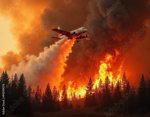 A firefighting plane above a wildfire, spraying water on smoldering treetops, with swirling fire and smoke.







 photo