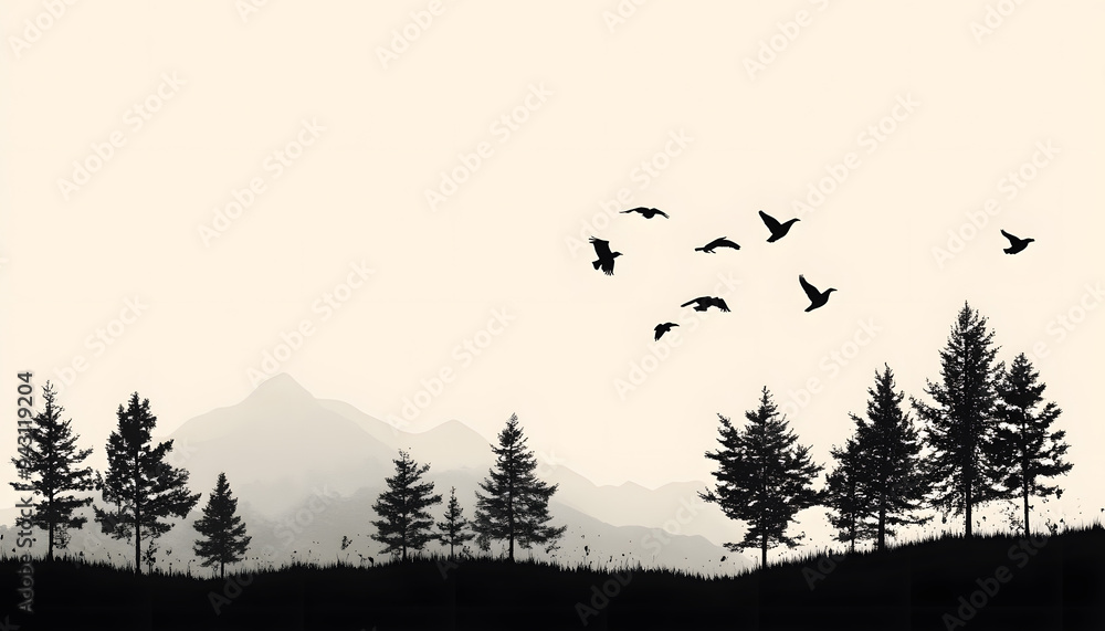 Fototapeta premium Silhouettes of trees, mountains, or birds in a single color against a plain background