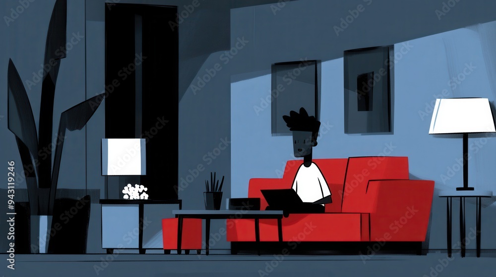 Minimalist interior with red sofa and person working on laptop at night Minimalist interior with red sofa and person working on laptop at night
