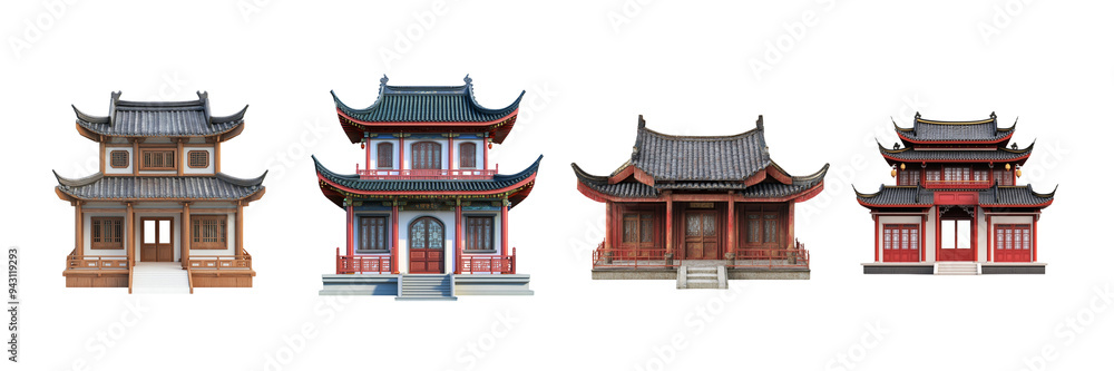 set Ancient Chinese style house on white background set Ancient Chinese style house on white background