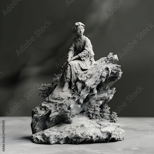 Captivating Ceramic Sculpture of Mystical Forest Spirit in Serene Monochrome Setting photo