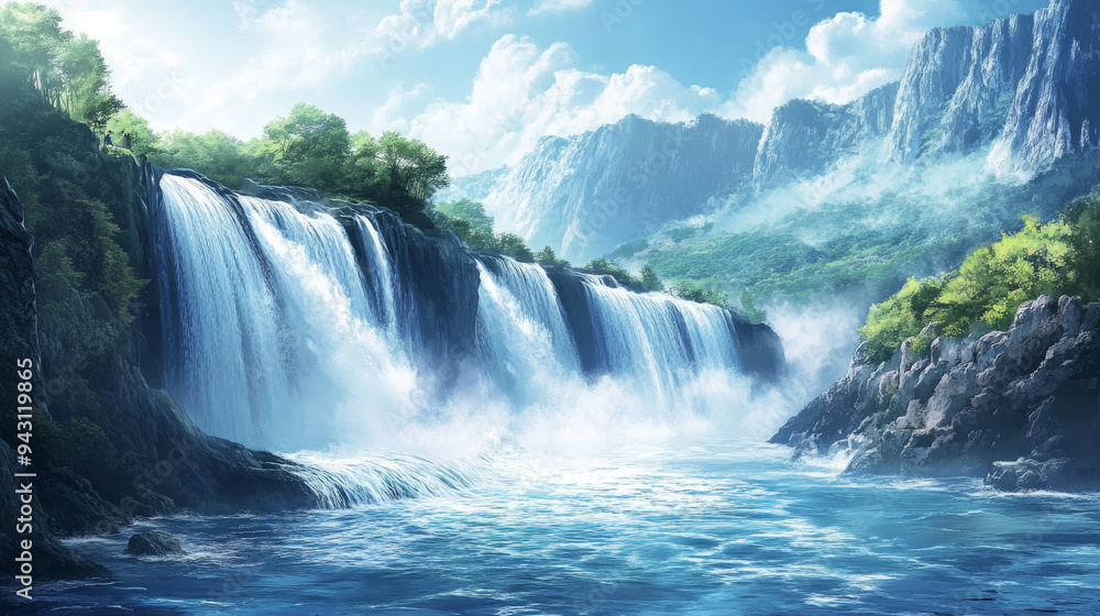 Realistic vector of waterfalls featuring mountain river cascades. Depicts flowing streams and rapids descending in streambeds, dropping and sliding along cliff slopes with cascade splashes and droplet Realistic vector of waterfalls featuring mountain river cascades. Depicts flowing streams and rapids descending in streambeds, dropping and sliding along cliff slopes with cascade splashes and droplet