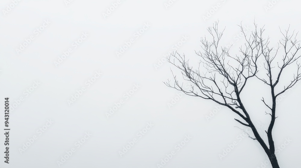 Fototapeta premium Minimalist winter tree against foggy sky depicting serenity and isolation