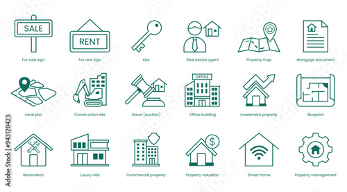 eal Estate Vector Icon Set: House, Apartment Building, For Rent Sign, Key, Property Map, Mortgage Document, Open House, Condominium, Construction Site, Auction, Investment Property, Blueprint