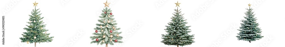 Fototapeta premium Christmas trees with varying sizes, decorated with ornaments, lights, and stars on top, cut out transparent isolated PNG