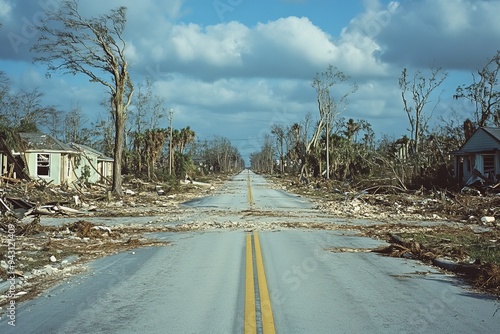 Devastated Rural Road After Severe Storm Showing Destruction and Uprooted Trees photo